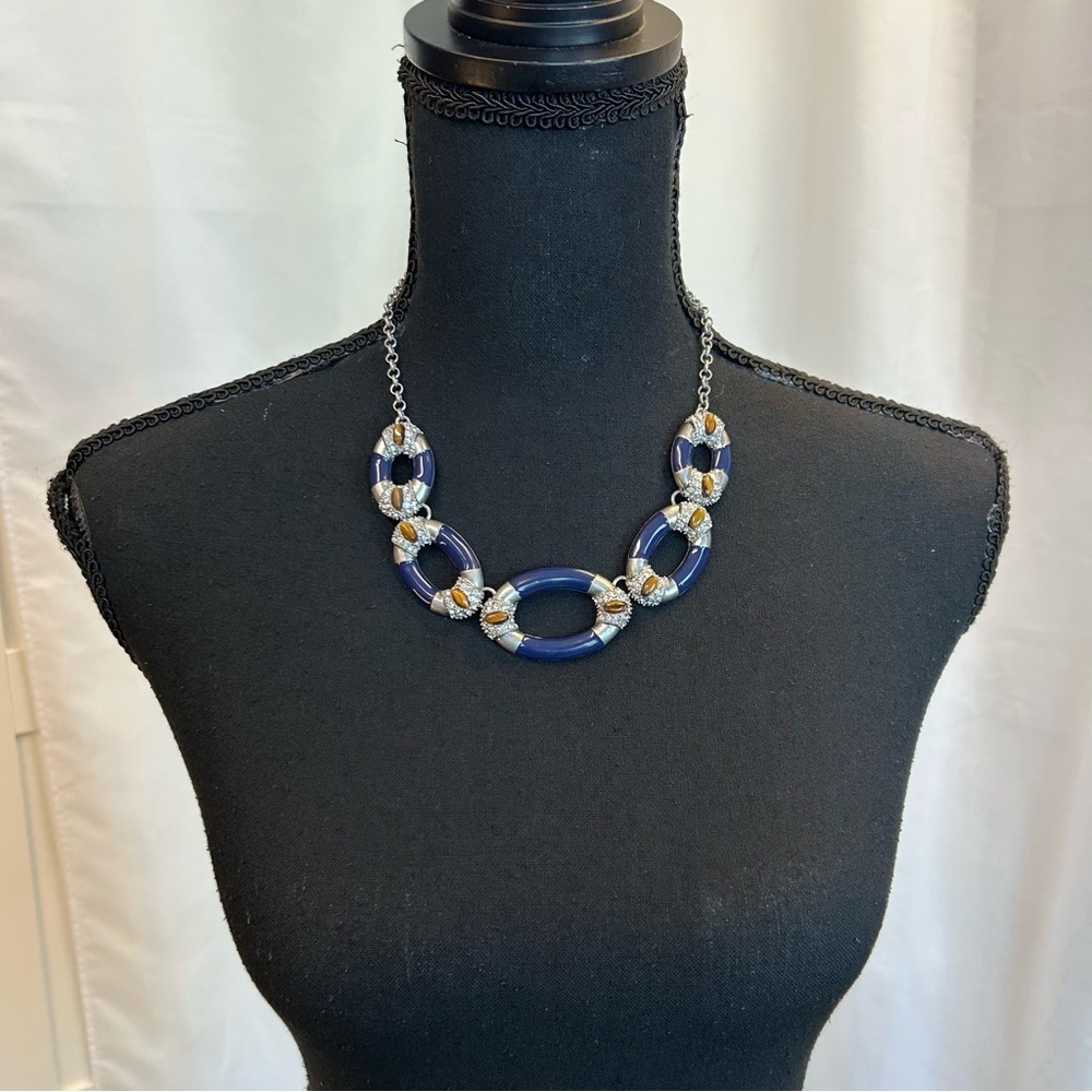 Kiam Family Navy Blue Tiger Eye Oval Crystal Rhinestone Necklace